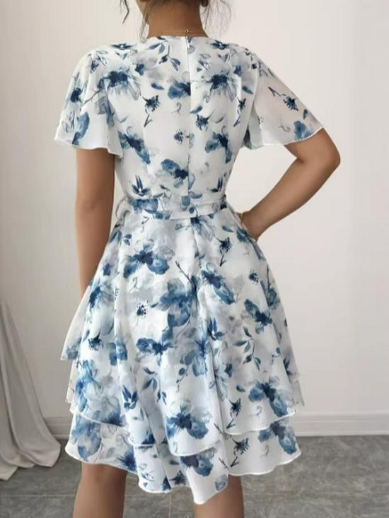 Elegant Floral Ruffled V-Neck Summer Dress - Women's Retro Holiday Style