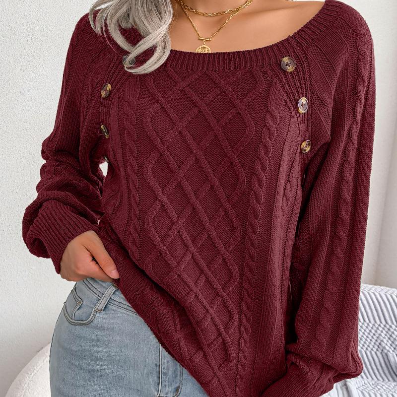 Autumn Winter Women's Cable Knit Sweater Solid Color Square Neck Buttons Long Sleeve Ribbed Knitted Pullover Loose Jumpers Tops