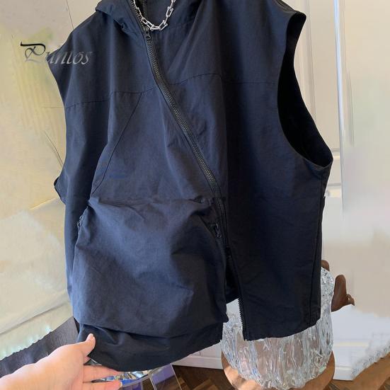 Women Summer Hooded Vest Diagonal Zipper Breathable Female Sun Protection Clothing Ladies Solid Color Casual Loose Top with Pocket