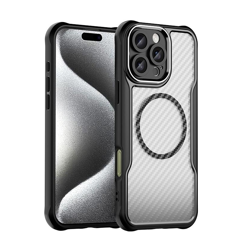 

KEYSION Противоударный чехол для MagSafe для iPhone 16 Pro Max 16 Plus 15 14 Pro Защита камеры Текстура углеродного волокна Чехол для телефона for iPhone 16 Pro чёрный