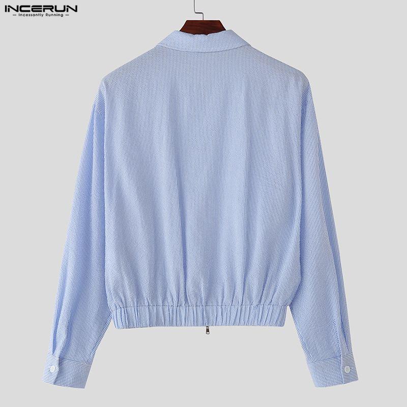 INCERUN Men Lapel Long Sleeve Zipper Up Striped Cropped Jackets Short Coats