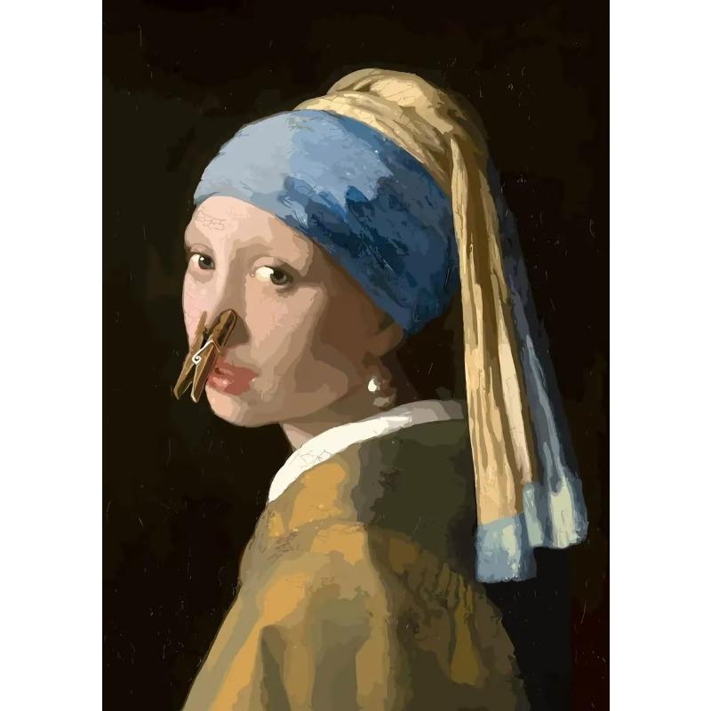 Funny Bathroom Toilet Decoration Painting Mona Lisa Wearing Pearls Girl with Roll Paper Canvas Prints Posters Home Wall Decor