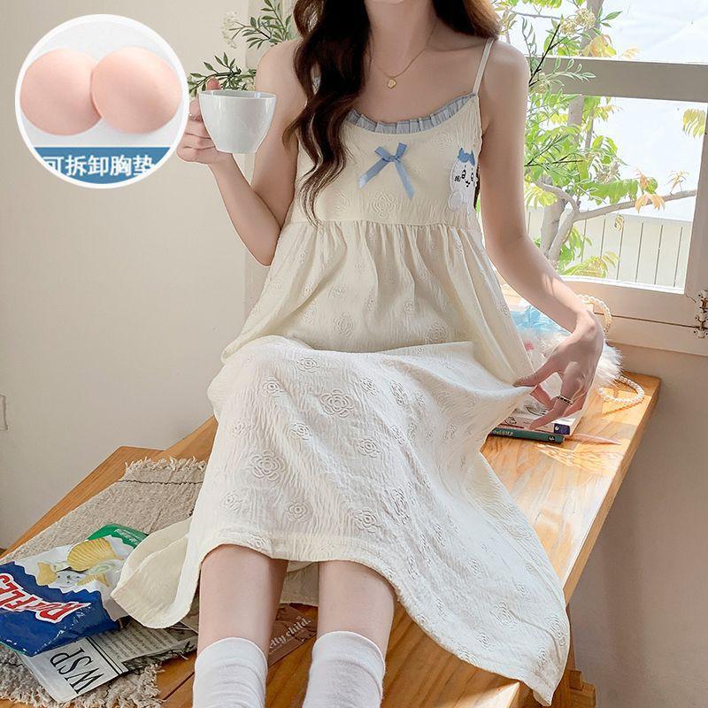 Suspender Nightdress Women's Summer Sleeveless Cloud Cotton Embossed with Chest Pad Removable Cute Sweet New Pajamas Skirt