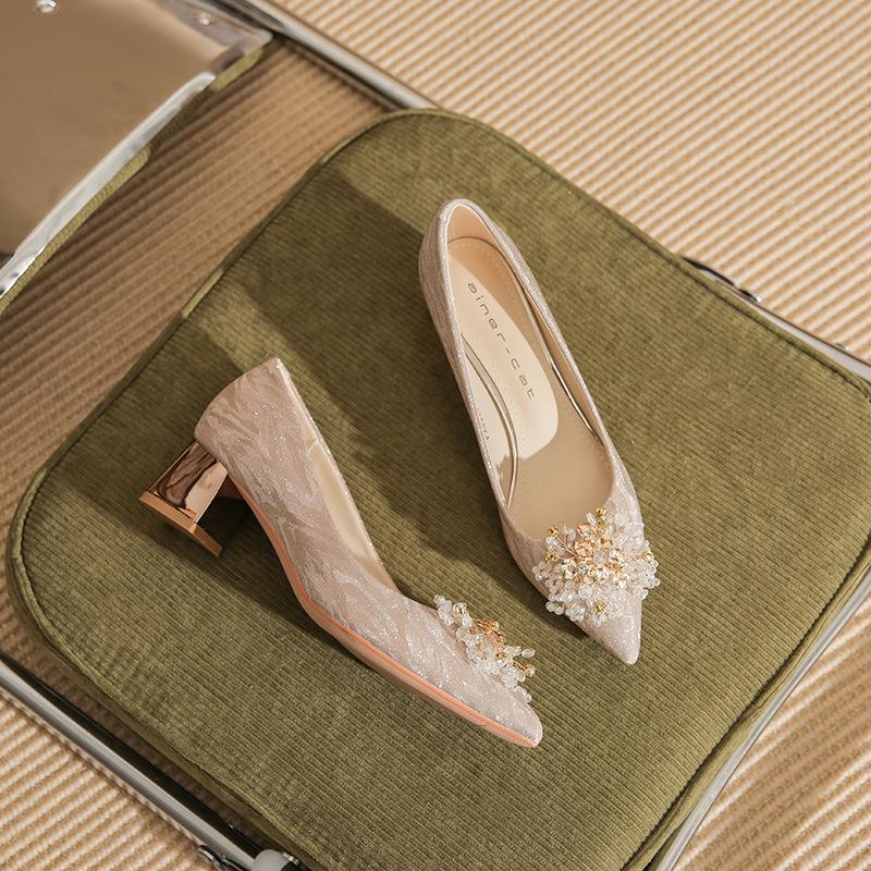 550-2 high heels women's 2025 spring new versatile Xiuhe wedding dress two wear crystal shoes pointed thick heel single shoes
