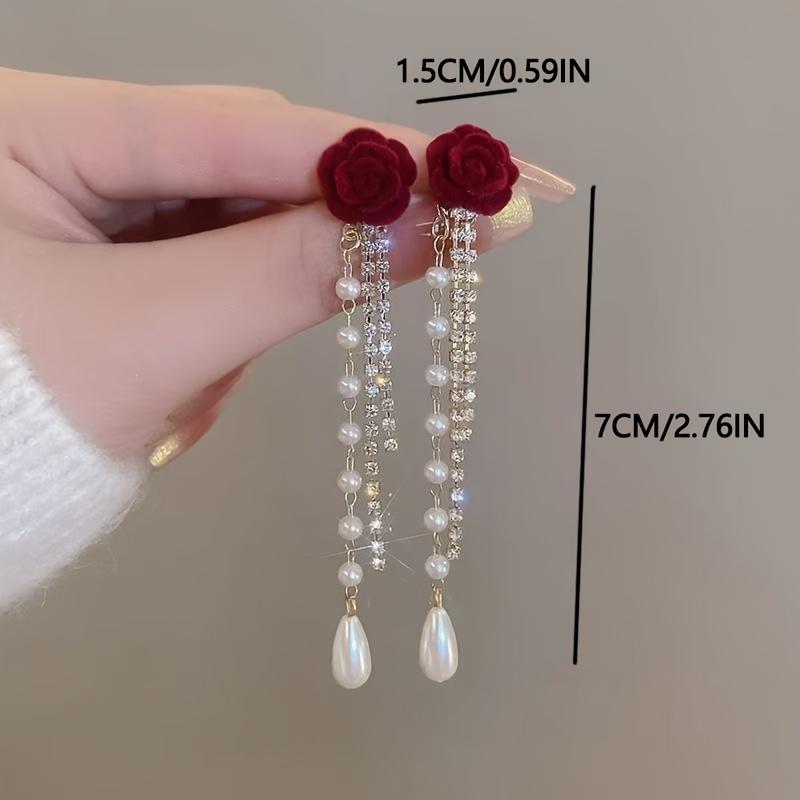 1 Pair Elegant Luxury Floral Stud Earrings with Faux & Rhinestone Tassels, Copper Base & 925 Sterling Silver Posts, Perfect for Women'S Fashion