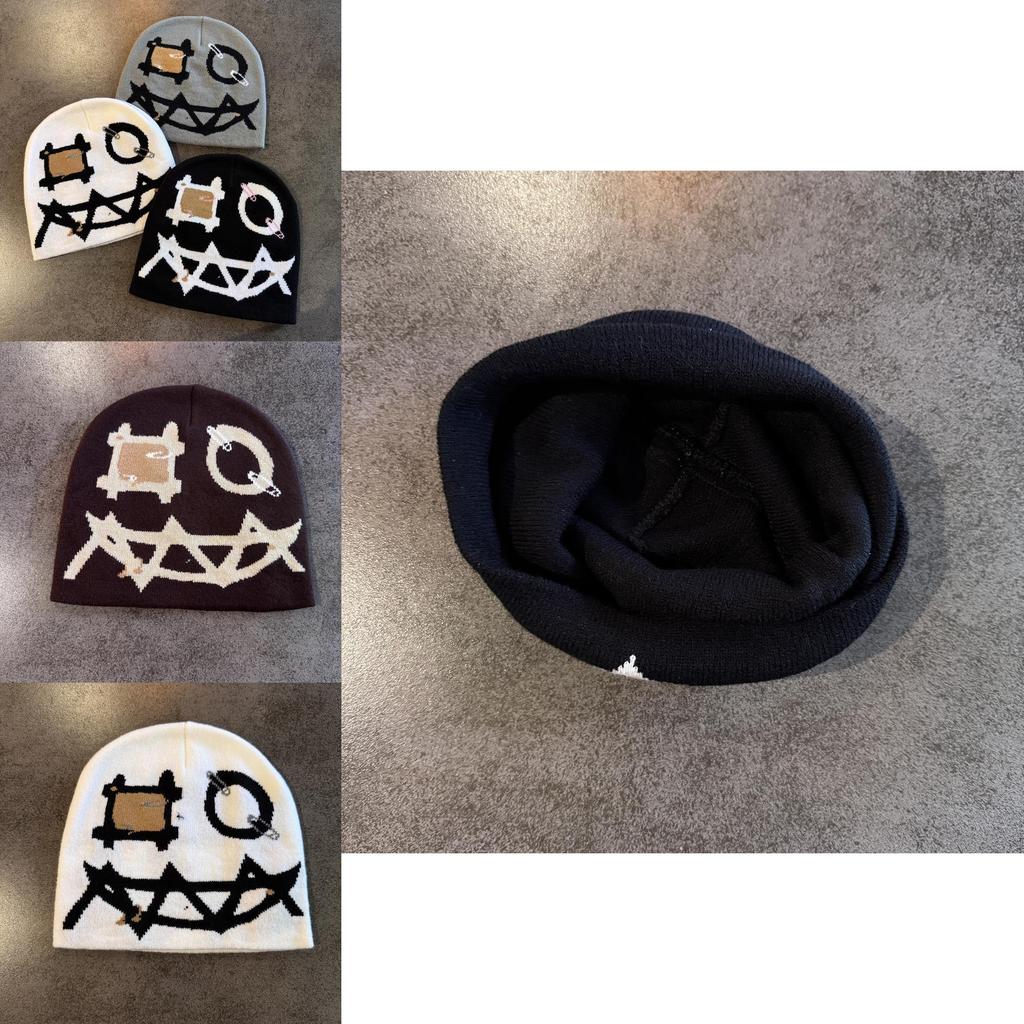 Knit Beanie With Demon Face Embroidery For Halloween And Winter Warmth