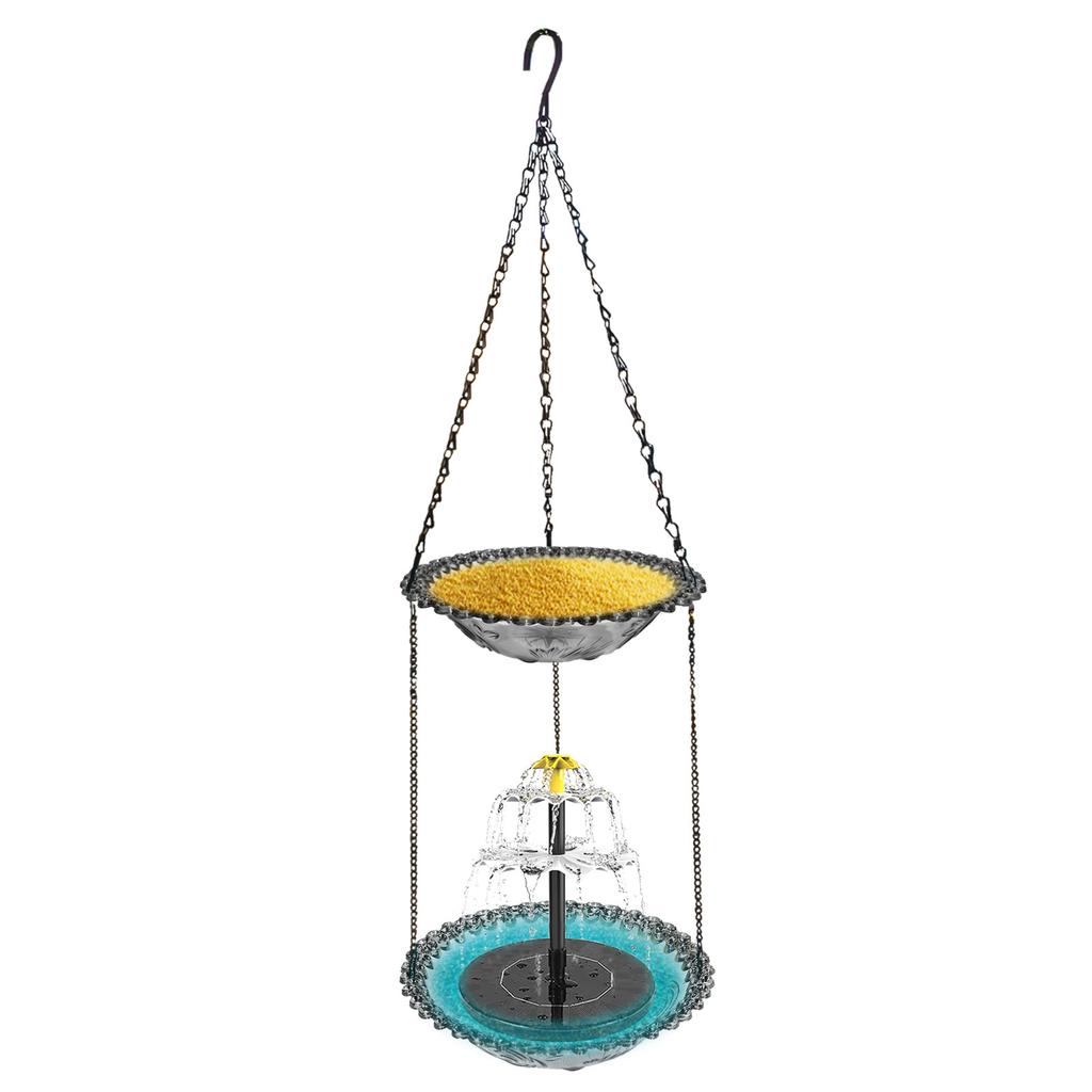 Double Layer Solar Powered Cascade Hanging Bird Bath Fountain Wildlife Feeder Birdbath with Water Pump for Outdoor Garden Decor