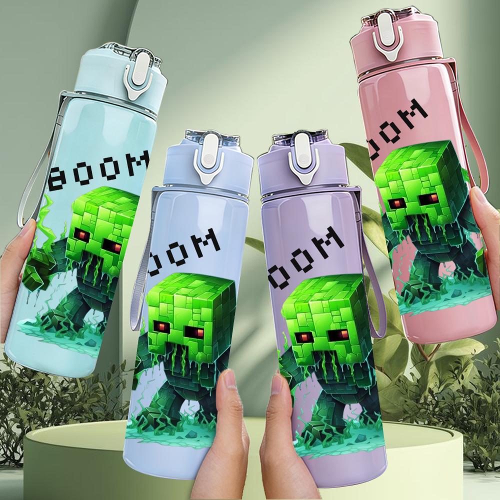 1PC Minecraft Creeper Boom Explode 750ml Color Plastic Sports Water Bottle Leakproof Flip Straw Lid Suitable for Sports Office Home Use