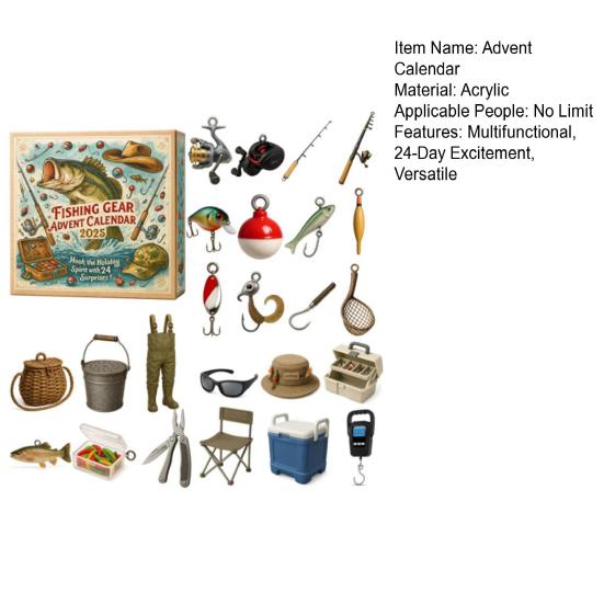 Fishing Gear Advent Calendar 2025 24 Day Countdown Box with Acrylic Ornaments Multifunctional Christmas
