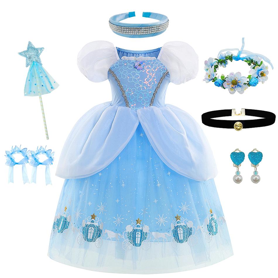 Cinderella Blue Princess Dress Girls Cosplay Theme Party Prom Gown Kids Birthday Gift Halloween Carnival Print Charm Clothing
