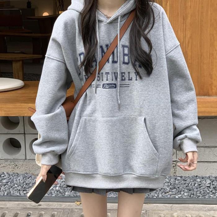 Spring Student Printing Loose Warm Fleece Thickened Hooded Sweater Wholesale for Women