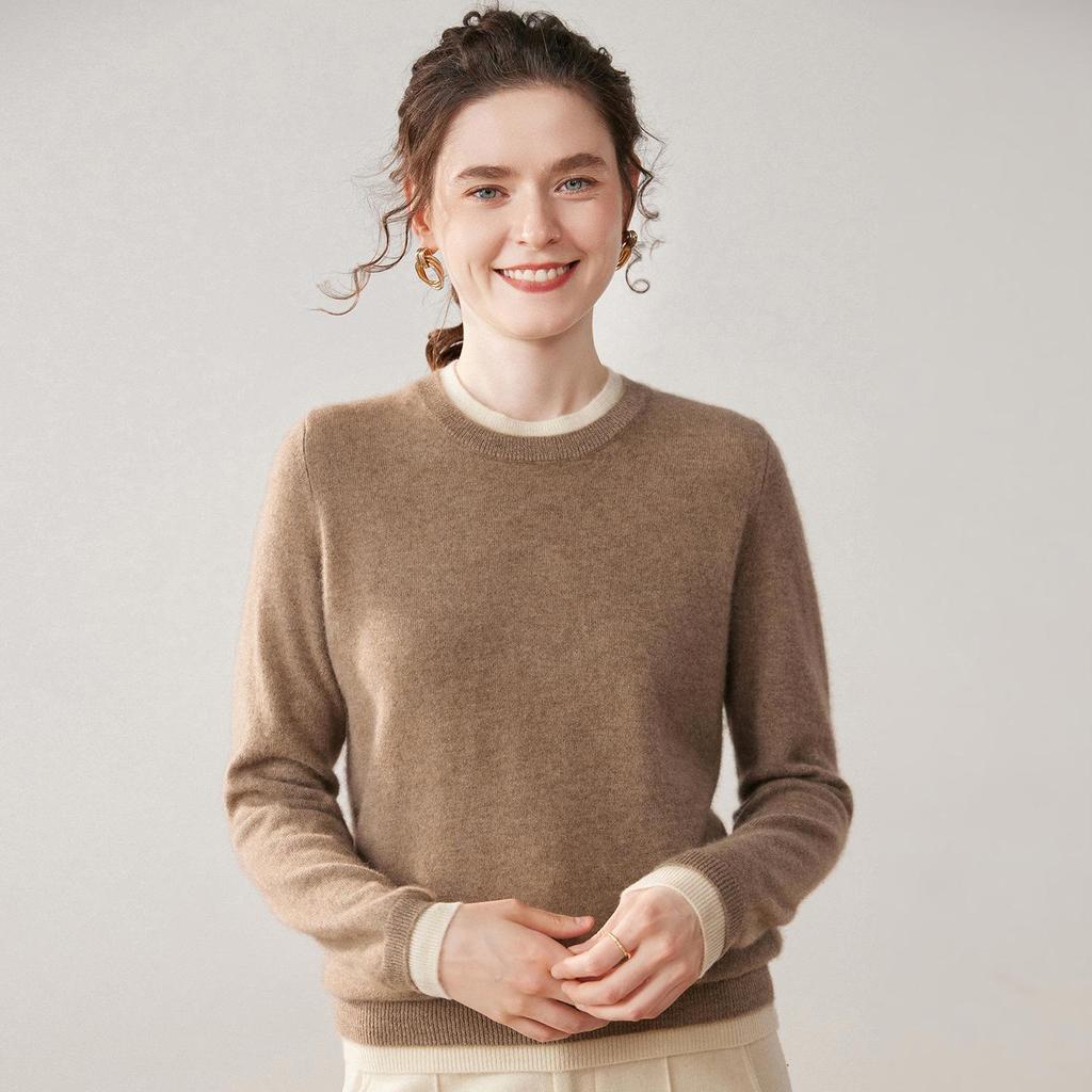 Women's Stylish Color-Block Cashmere Round-Neck Slimming Sweater - Versatile Two-Piece Look
