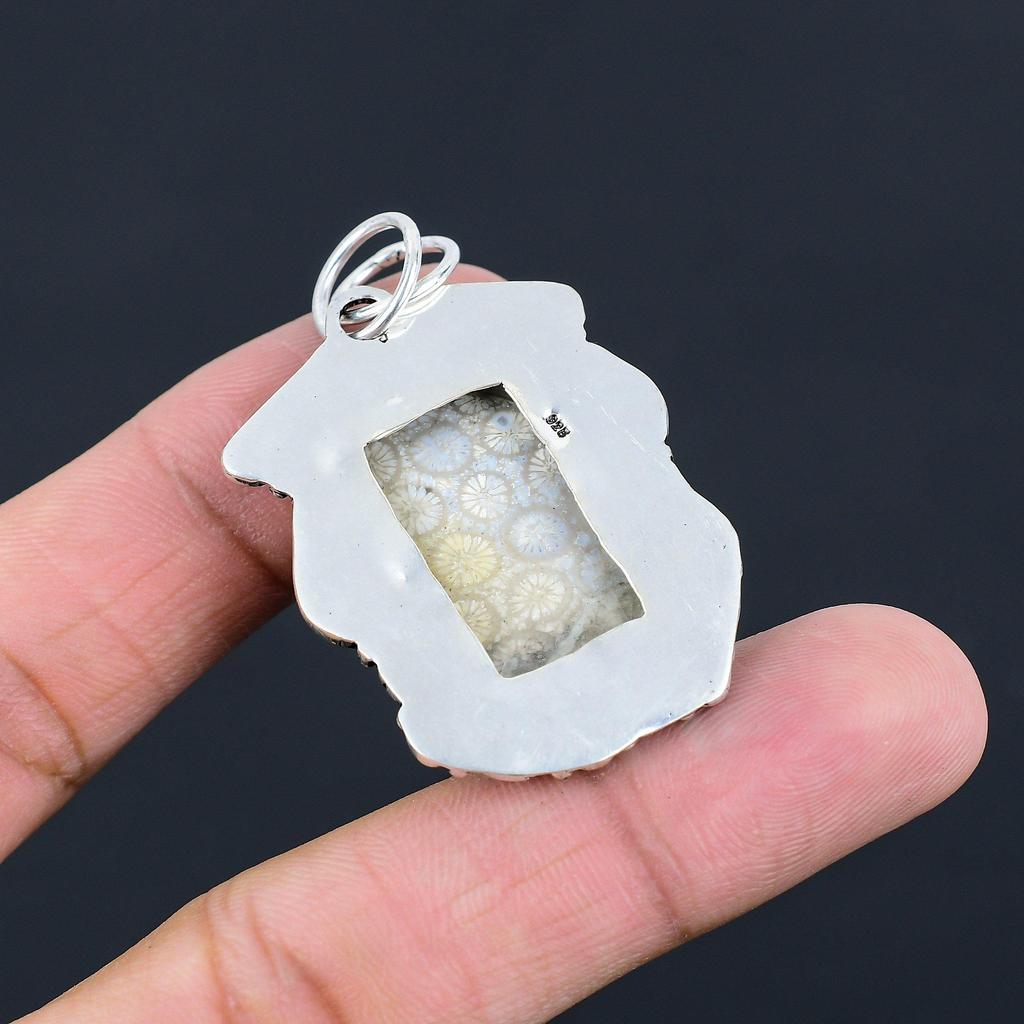 Natural Fossil Coral Gemstone Pendant 925 Sterling Silver Indian Jewelry