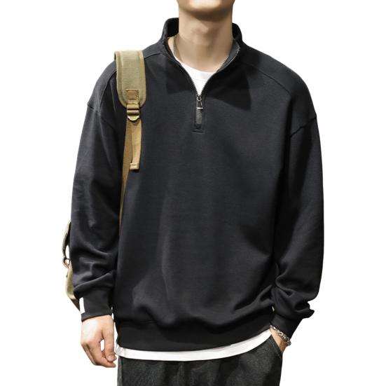 Pánská mikina na zip s elastickými manžetami, dlouhým rukávem a stojáčkem, volného střihu, jednobarevná, pro běžné nošení, do školy, střední délky