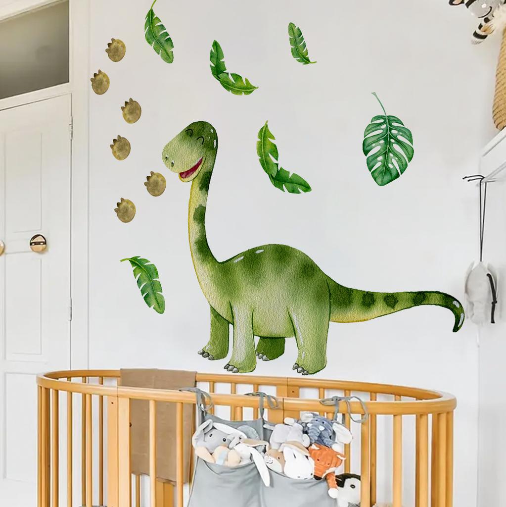 Cartoon Dinosaur Green Leaves Wall Sticker Kids Room Bedroom Wall Decoration Cute Self-Adhesive Wall Art