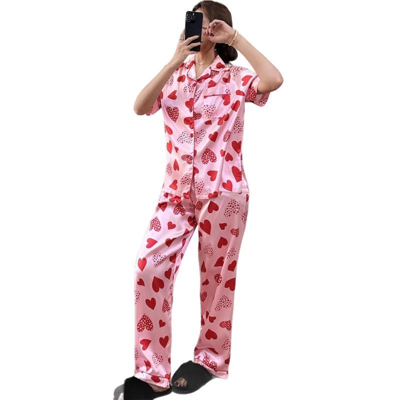 Collared Pajamas with All-Over Heart Print Fashionable Cardigan Short-Sleeve Top and Long Pants Loungewear Set