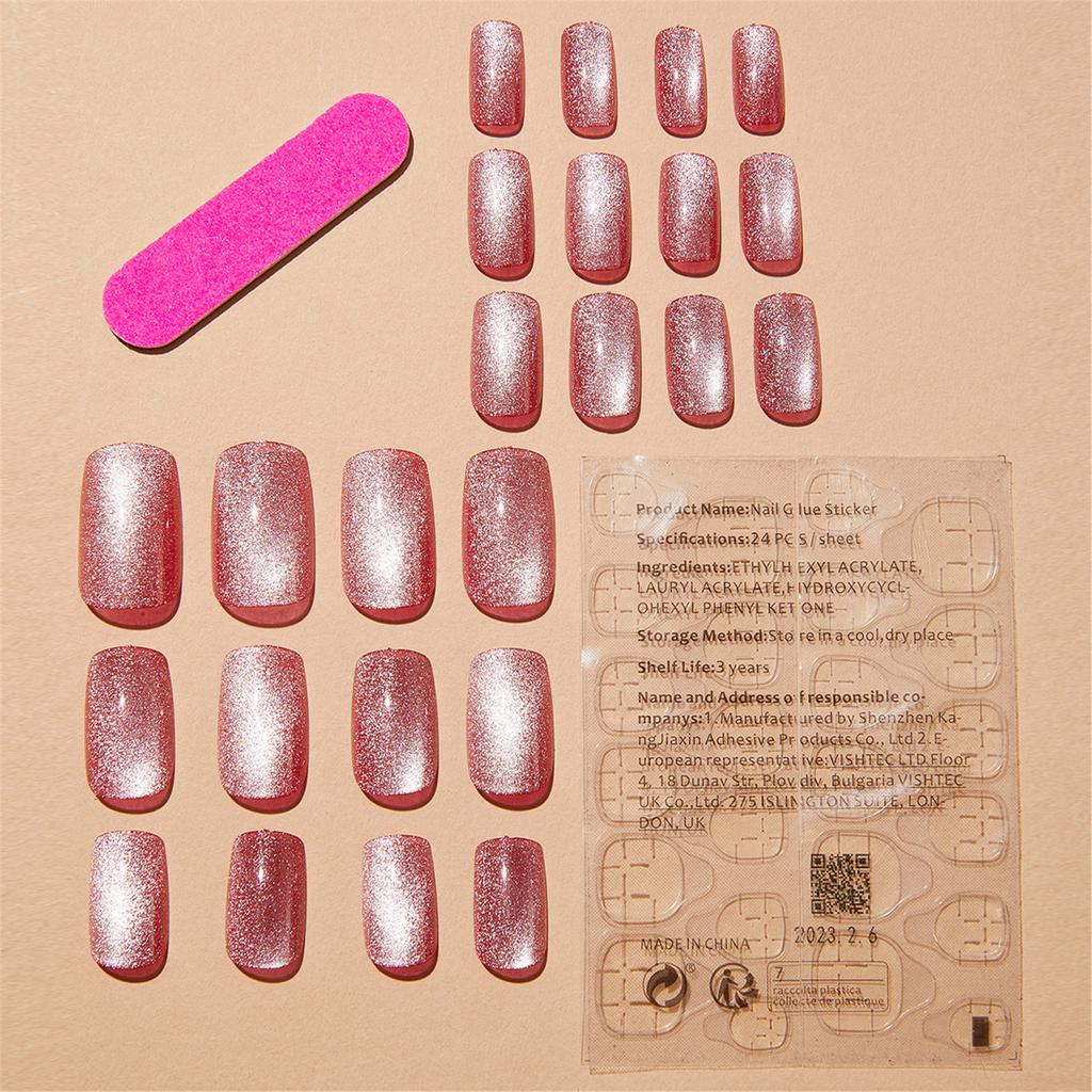 24 Pcs Cat Eye Press On Nails Full Cover Stick On Nails Pink False Nails Medium False Nails Tips Acrylic Artificial Nail
