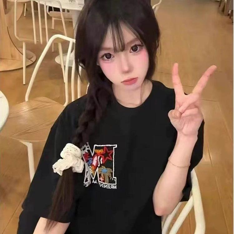 

230g Pure Cotton Embroidered Short Sleeve T-shirt, M Logo, Unisex Loose Fit Trendy Top M for up to 95 jin чорний