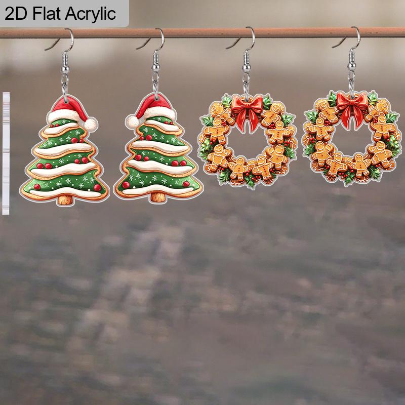 2 Pairs Fashion Christmas Acrylic Earrings for Women Classic Christmas Tree Christmas Hat Acrylic Earrings Creative Cookies Men Dangle Earrings