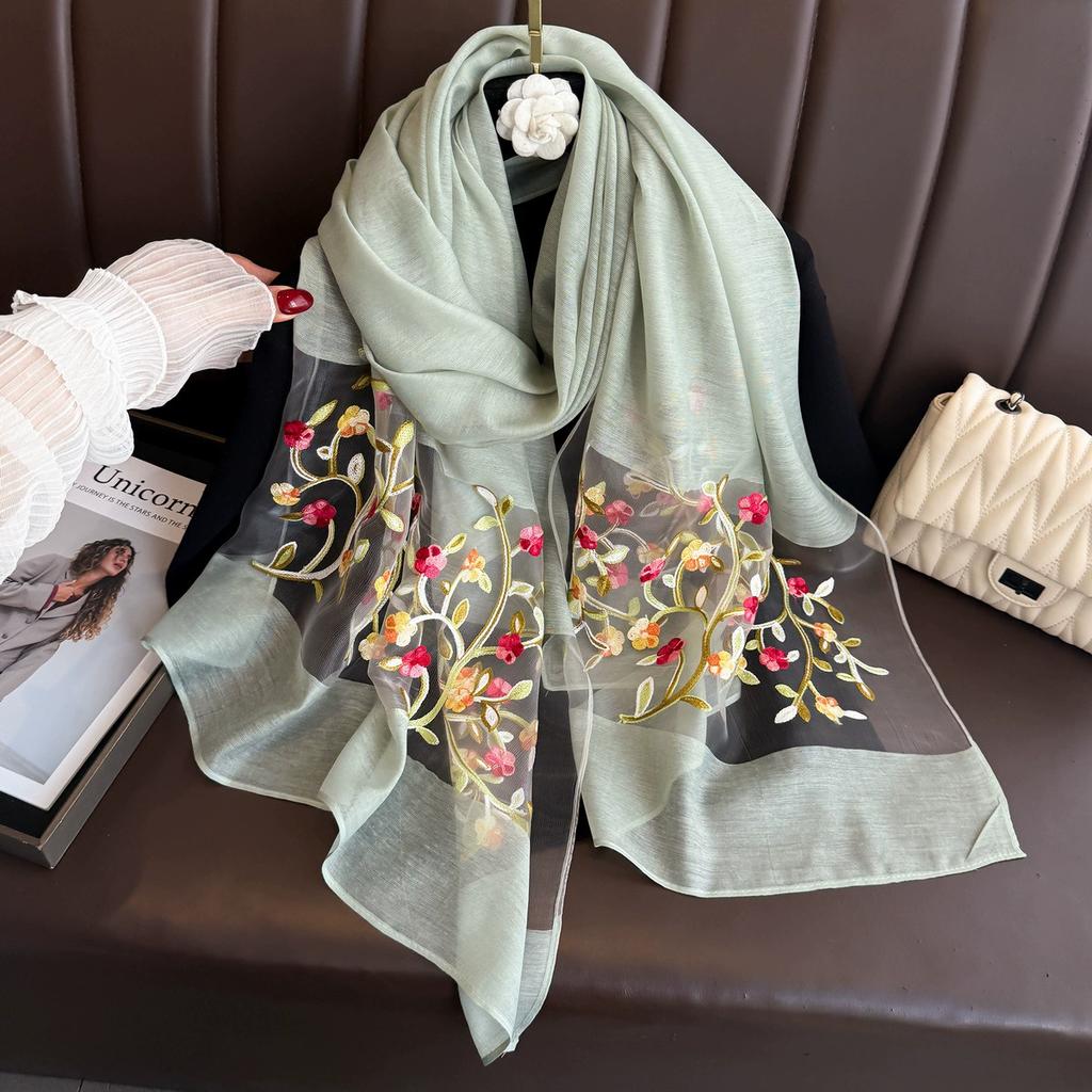 Elegant Soft Thin Luxury Silk Scarf Flower Embroidery Foulard Women Hijab Shawls Large Wraps Shiny Lace Scarf Female
