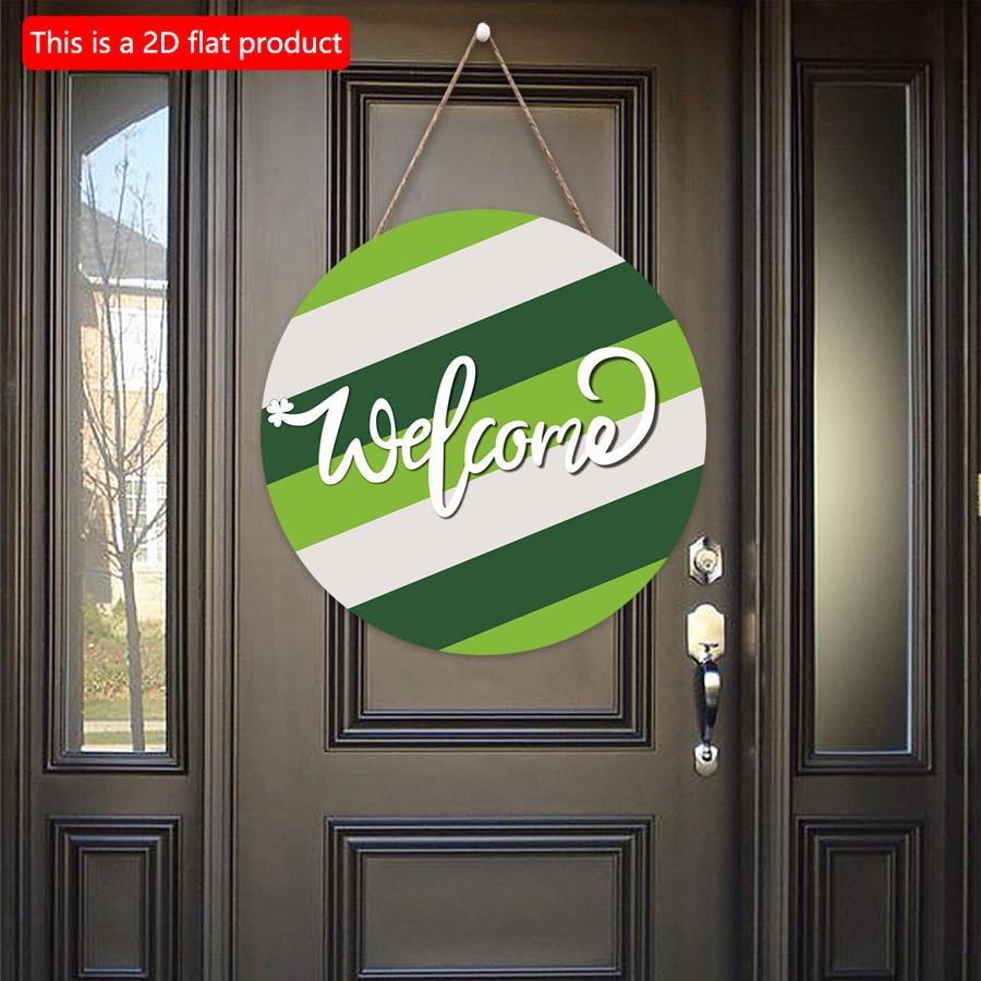 2D flat 20*20cm 1pc Welcome St. Patrick's Day White green stripes Wood Hanging Door Sign, Lucky Shamrock pattern simple style Art Plaques for Front