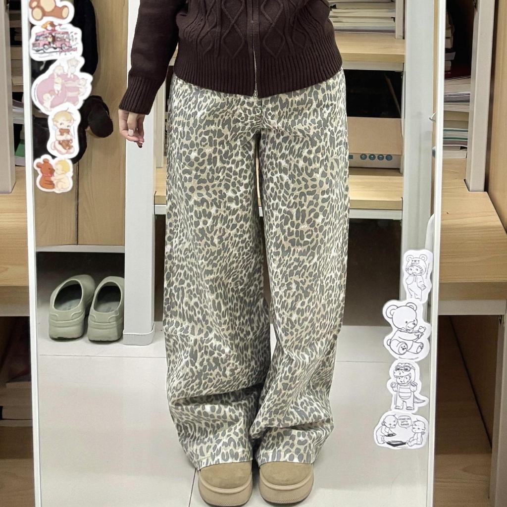 Retro Leopard Print Washed Denim Jeans - Autumn 2025 Loose, Slimming, Casual Straight-Leg Pants