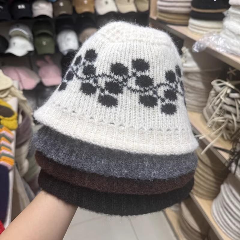 Autumn and Winter Ethnic Style Flower Wool Fisherman's Hat Children Versatile Color Matching Niche Warm Knitted Basin Hat Bucket Hat