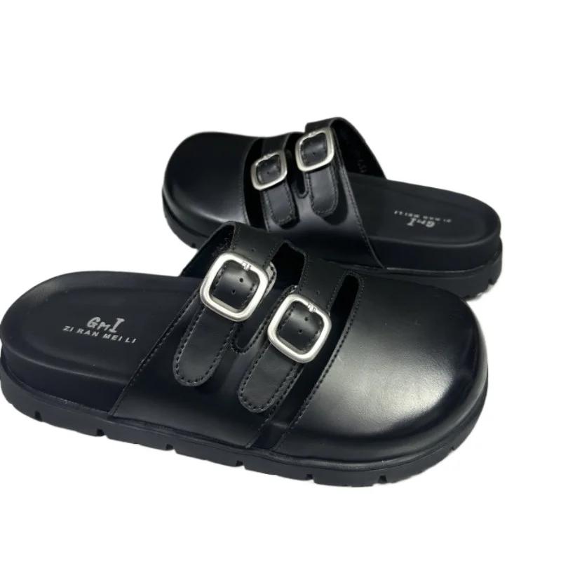 Fashion 2025 Summer New Covered Toe Slip-On Sandals Women Fashion Belt Buckle Minimalist Casual Comfortable Outdoor Flat Slipperszapatos