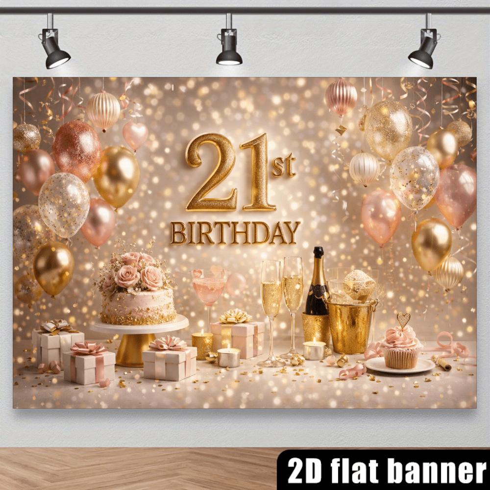 Sfondo di compleanno 2D con palloncini colorati e la scritta "21° Compleanno" in oro, adatto per ambienti interni/esterni.