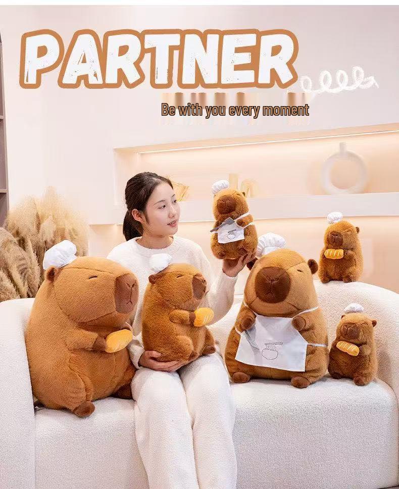 Creative Chef Series Capybara Plush Toy with Spatula, Knife, Fork, Cheese, and Baguette