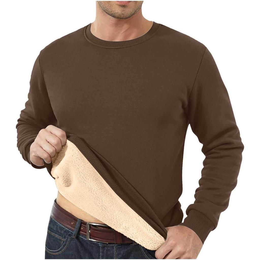 Men's Fleece-Lined Crew Neck Sweatshirt - Loose Fit, Solid Color, Warm Autumn/Winter Wear.