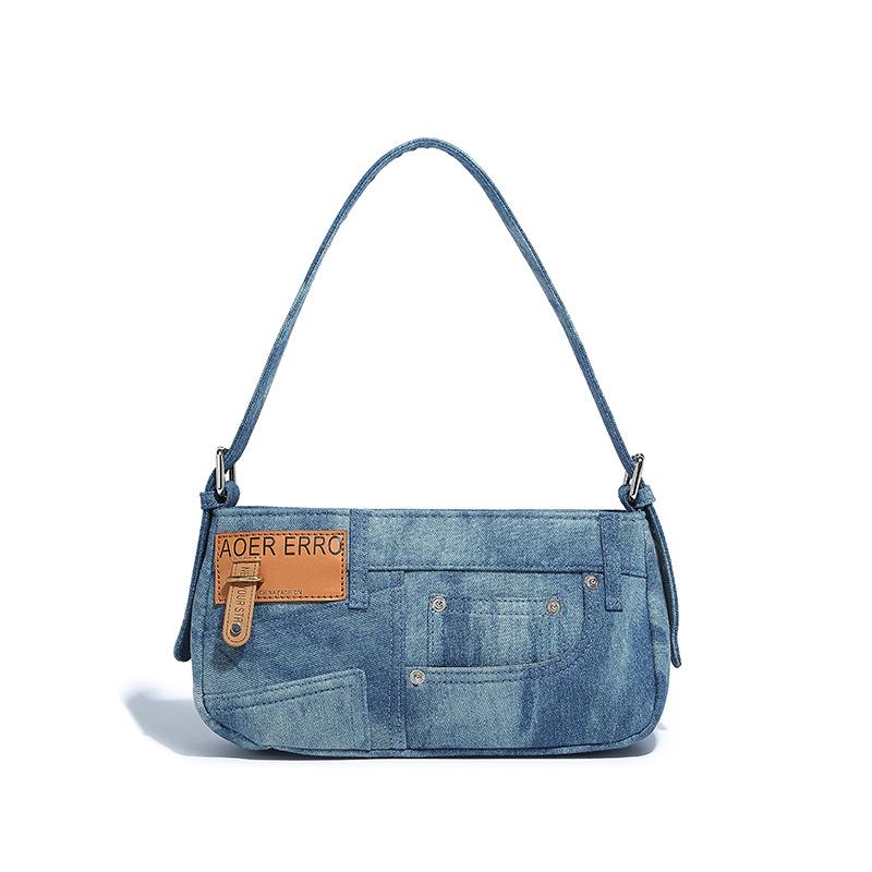 New Simple Trendy Single Shoulder Underarm Bag Retro Patchwork Denim Baguette Bag for Women Commuting Versatile Crossbody Handbag