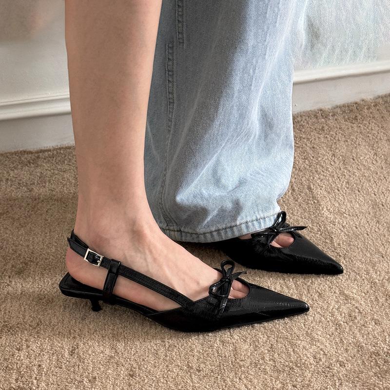 Sheepskin version~ French bow black kitten heel single shoes 2025 pointed head temperament bag head sandals high heels