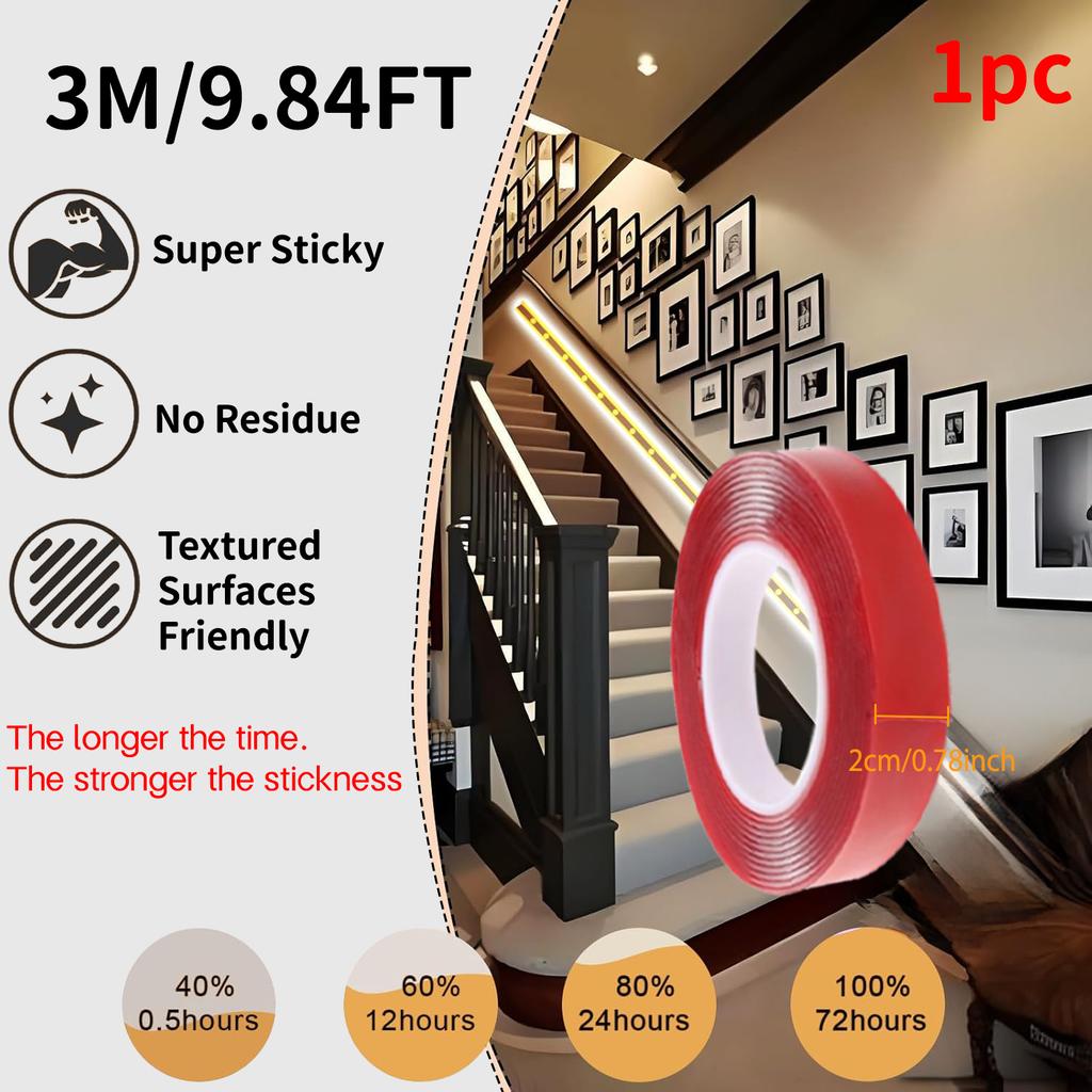Red Acrylic Double-Sided Tape, Transparent, Strong Adhesive, No Trace, 6mm–30mm, for Phone, LCD, and Car Use