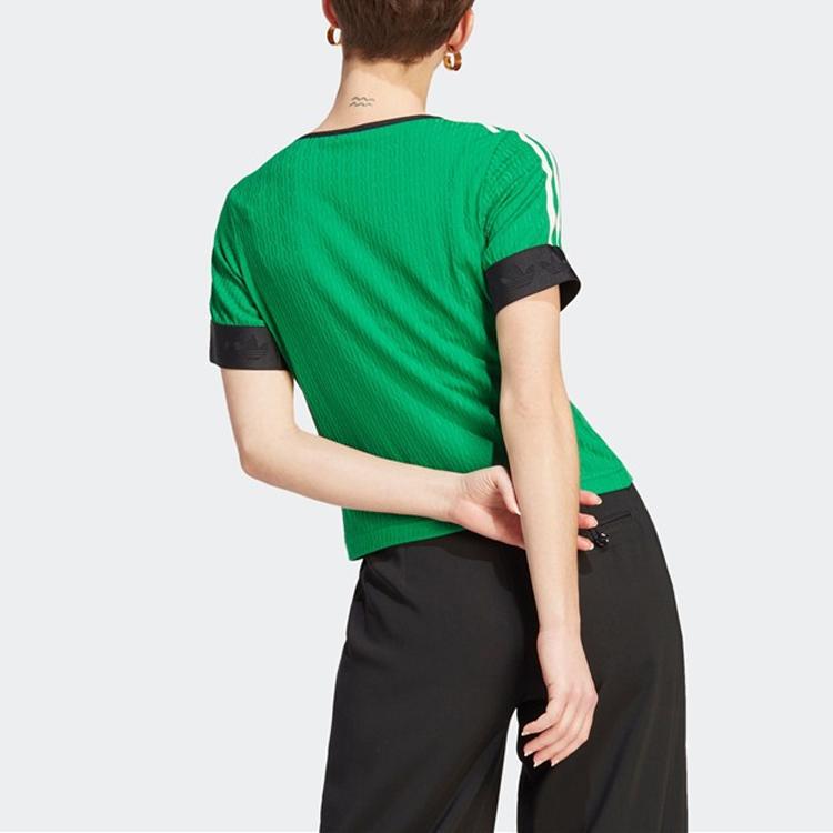 Adidas Originals Adicolor 70s Retro Series Brand Logo Print Stripe Casual Crew Neck Short Sleeve T-Shirt Women Tops Green IK7844