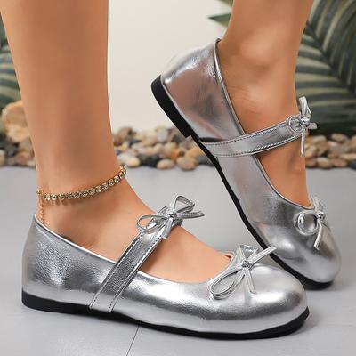 Silver Bowknot Decor Ballet Flats for Women Spring Summer Comfort Slip On Flat Shoes Woman Lightweight Soft Sole Mary Jane Shoes