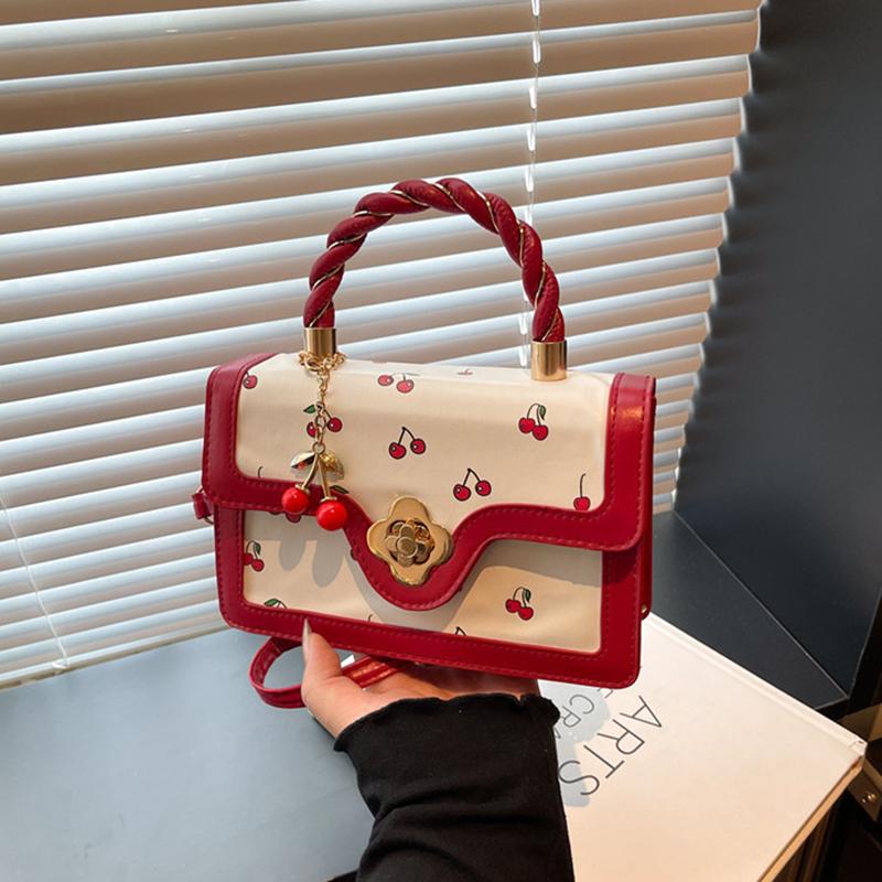 Women Cherry Square Bag PU Leather Sweet Cherry Crossbody Bag Adjustable Strap Sling Ladies Outdoor Small Handbags