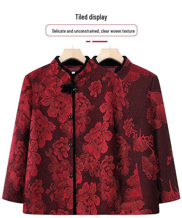 Schlankmachendes Woll-Oberteil im chinesischen Stil für ältere Menschen mit Jacquard-Blumen und Stehkragen