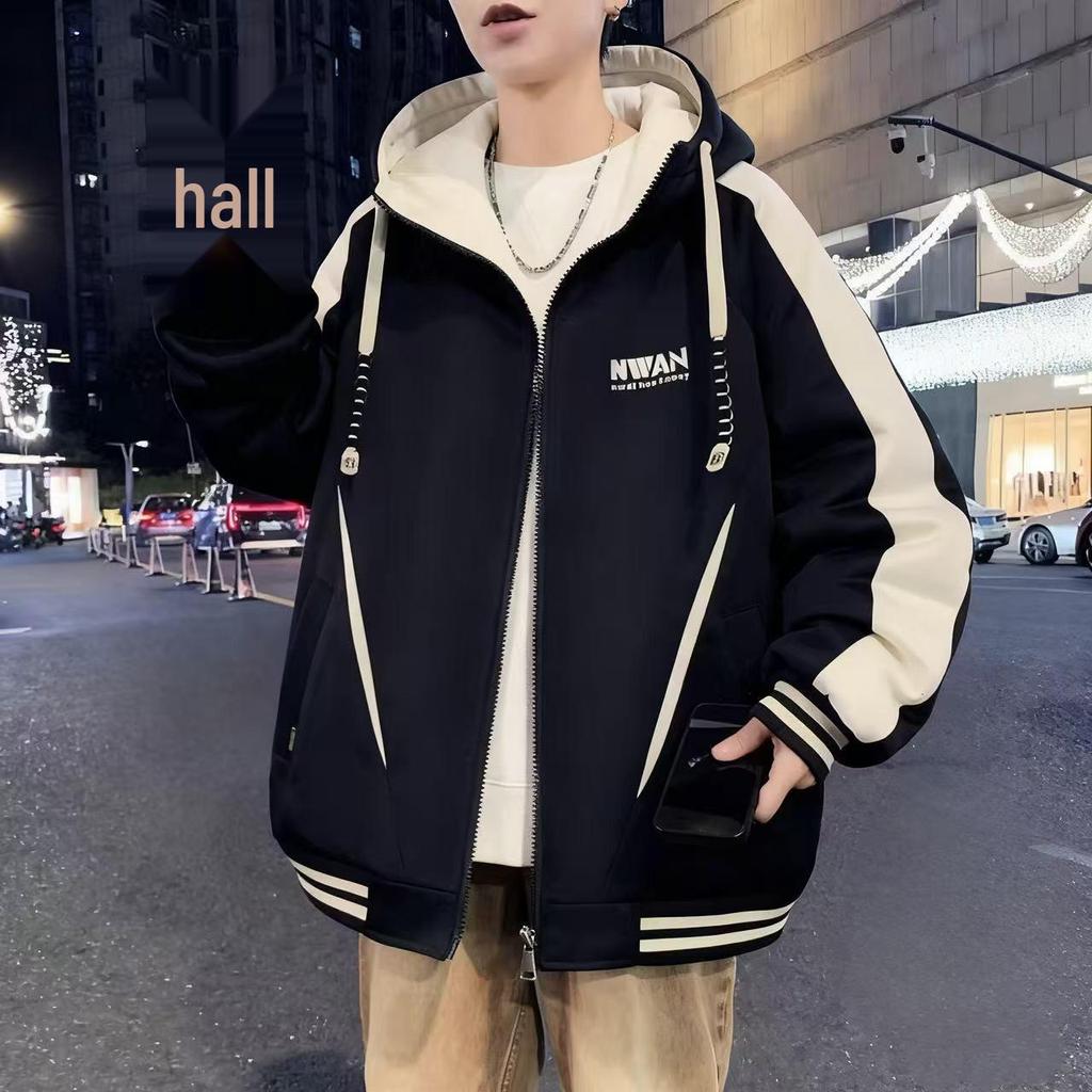 Men's Winter Fleece-Lined Hooded Baseball Jacket - Loose Fit, Plus Size Trend.
