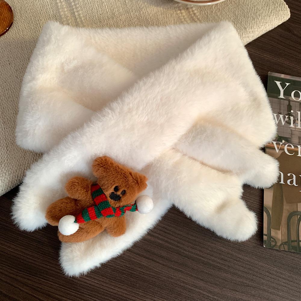 Cute Biscuit Bear Plush Gloves for Women Winter Warm Thickened Plus Velvet Mittens Can Be Hung Around The Neck Student Christmas Gift