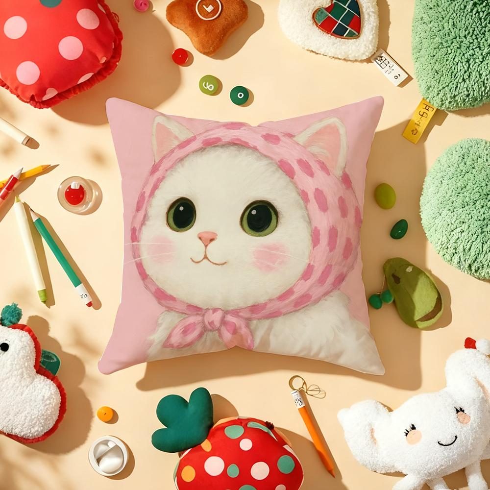 Art Cat Cute Cushion Cover Plush Fabric Soft Double-Sided Printed Sofa Warm Winter Home Child Gift Pillow Case