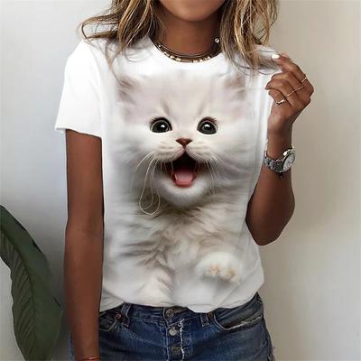 3D Cute Cat Dame T-skjorter Sommermotetrykk Harajuku T-skjorte Kortermet Casual Kawaii Girls Tee Oversized Unisex-klær