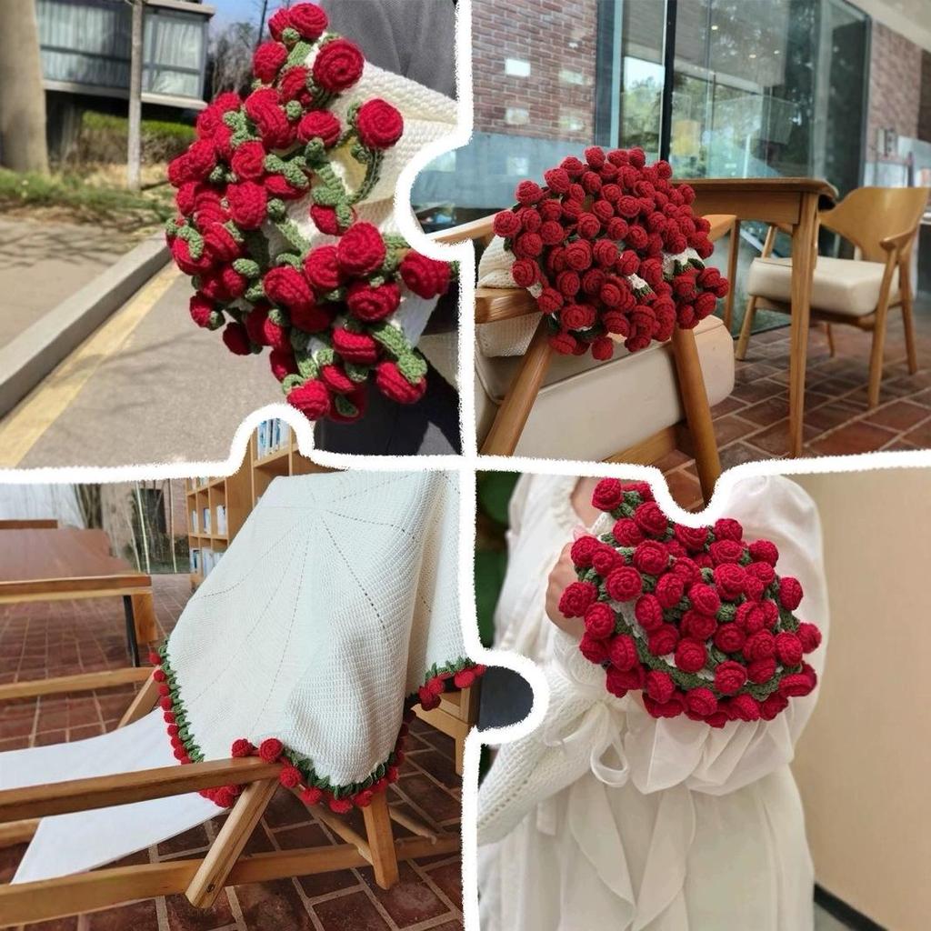 Hand-Knitted Tulip Floral Rose Sofa Throw Blanket