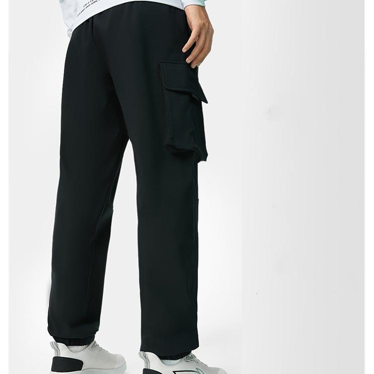 Li Ning Fitness Series Solid Color Multi-Pocket Casual Versatile Fleece Cuffed Knitted Sports Pants Men Pants Black AYKT929-2