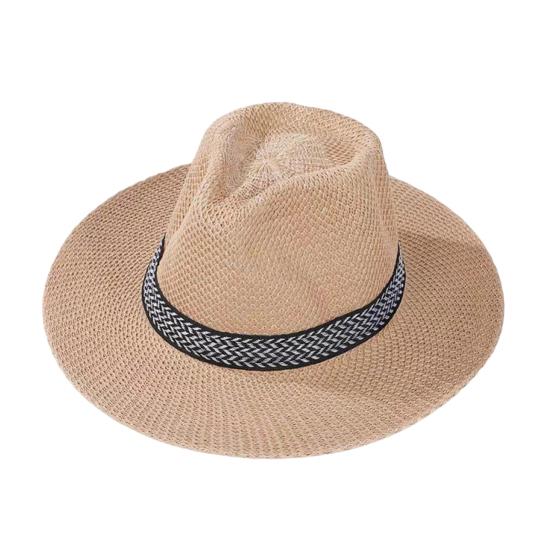 Men Summer Fisherman Hat Hollow Straw Weaving Full Face Sun Protection Wide Brim Western Cowboy Hat with Black Ribbon Decor Foldable Beach Hat