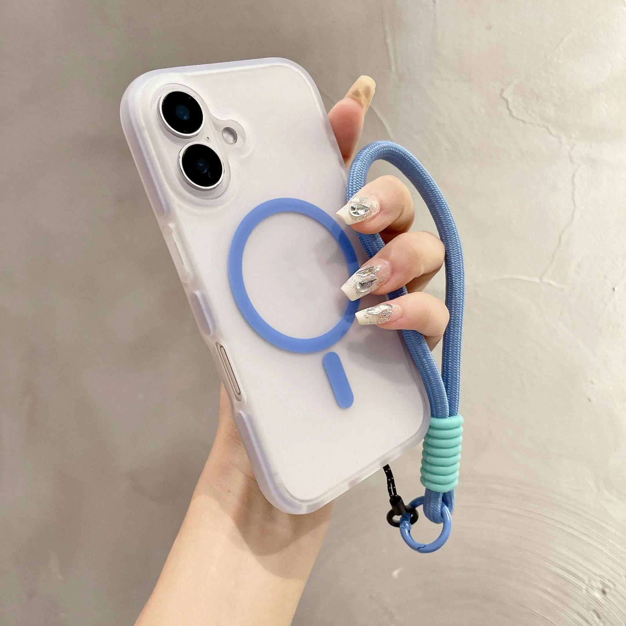 

Для MagSafe Магнитный чехол для телефона с ремешком на запястье для iPhone 16 Pro Max 15 14 13 12 Прозрачный матовый желейный цветной чехол из ПК+ТПУ For iPhone 16 Pro Max