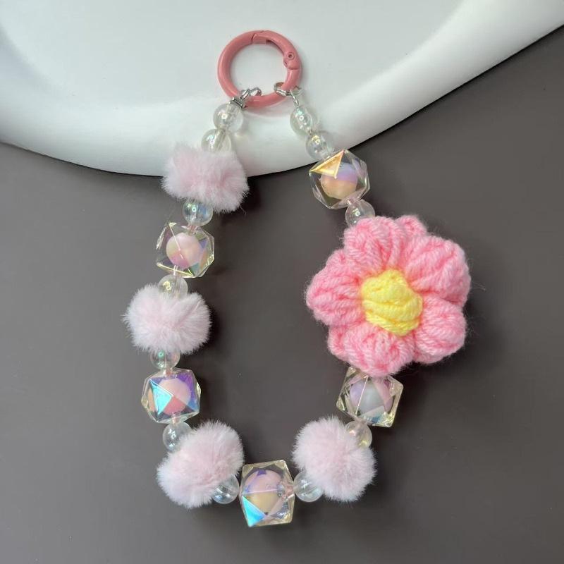 Autumn/Winter Plush Handmade Beaded Phone Lanyard & Keychain with Flower Pendant