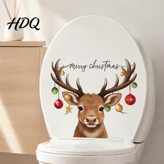 Removable PVC Wall Art Christmas Elk Toilet Seat Cover Sticker Cartoon Reindeer Lid Waterproof Glass Stickers Decal Self-Adhesive Bathroom