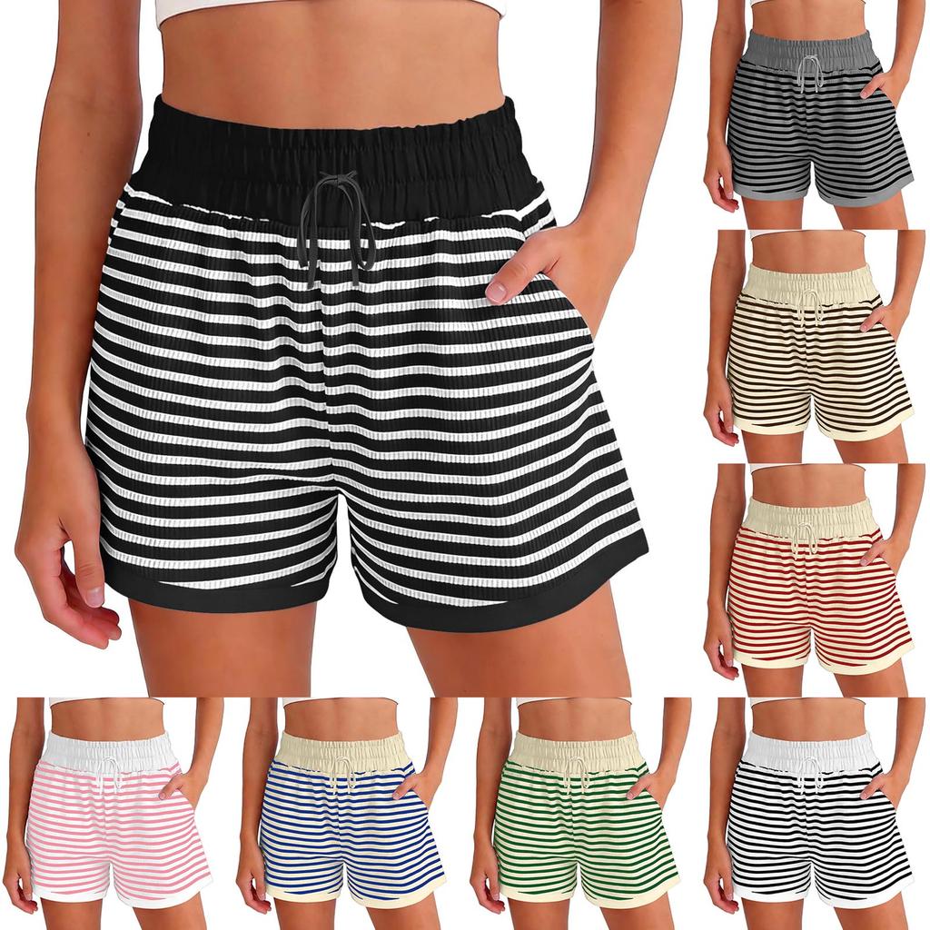 Women's Fashionable Relaxed-fit Striped Shorts With An Elasticated Waist Drawstring And Pockets