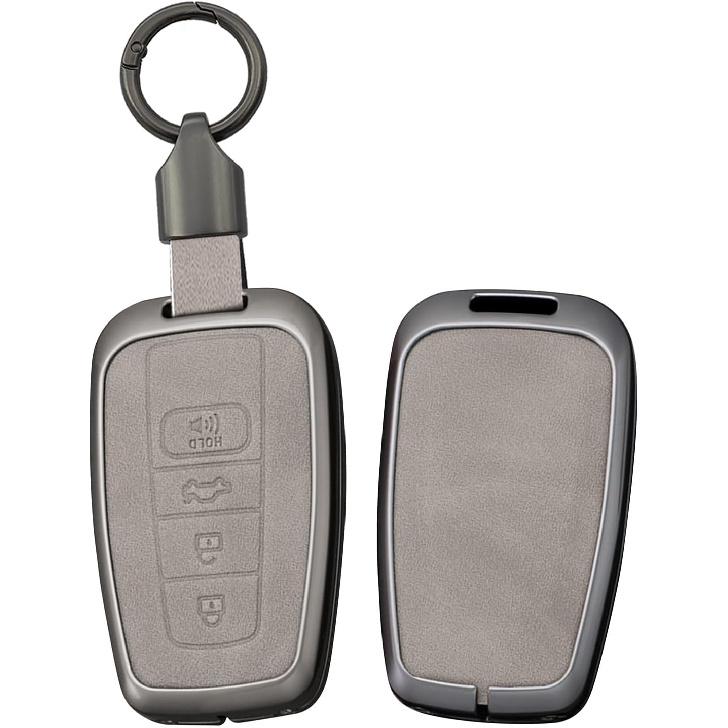 SANRILY Metal Leather 3 Button Key Fob Cover Case Fit for Toyota C-HR Prius Corolla Highlander Camry RAV4 Avalon Keyless Key Holder with Short
